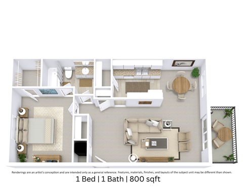 This is a 3D-floor plan providing a detailed, angled view of the space with room layouts, furniture placement, and spatial flow. Features 1 bedroom/s, 1 bathroom/s, and approximately 800 Sq. Ft